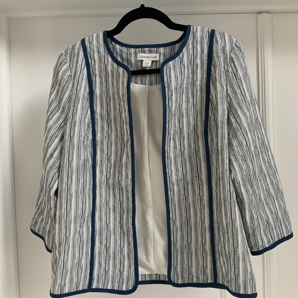 Coldwater Creek Open Jacket 12 Blue Cotton Fitted Blazer Lined Career Workwear